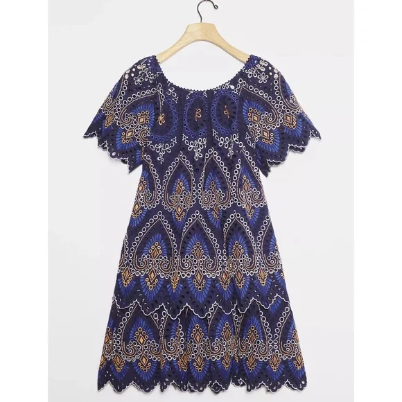 anthropologie blue motif dress Anthropologie Blue Eyelet Button Up Dress with Slip- Size L main image 0